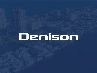 Denison logo in white text on a dark blue background with abstract shapes.