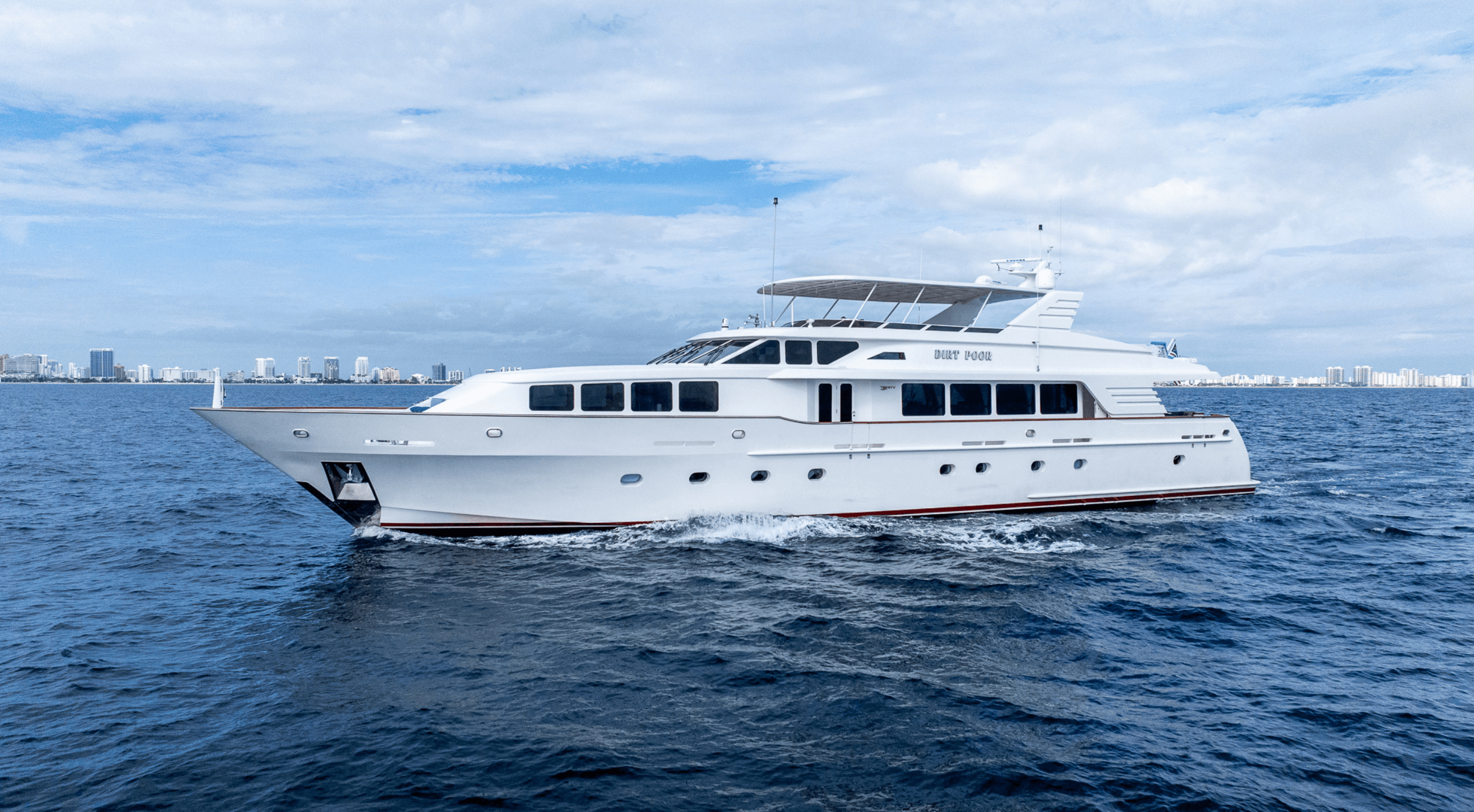 White motor yacht cruises on dark blue water with a city skyline in the background.