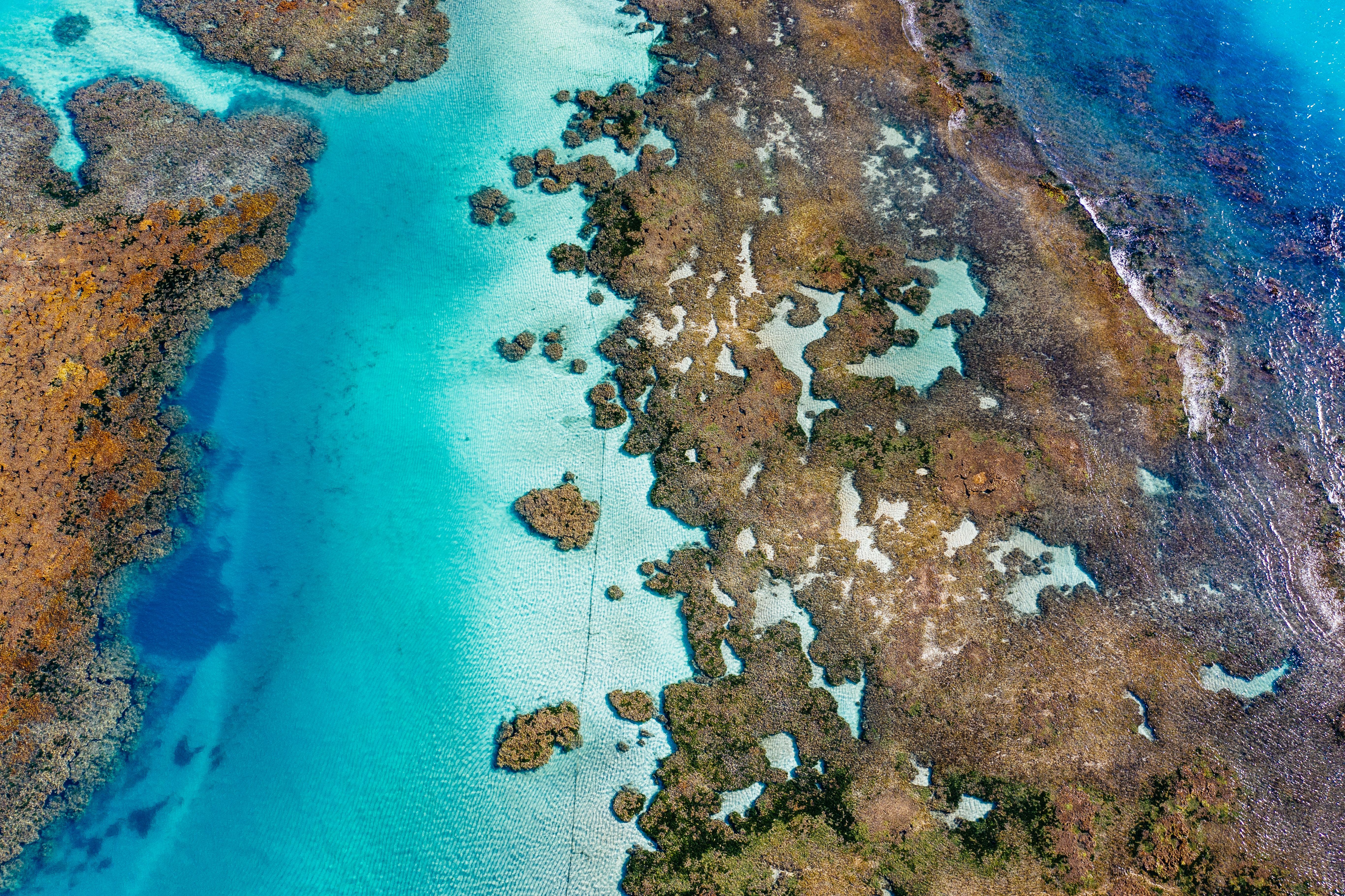 Aerial view of vibrant blue ocean surrounding diverse brown and green land formations.