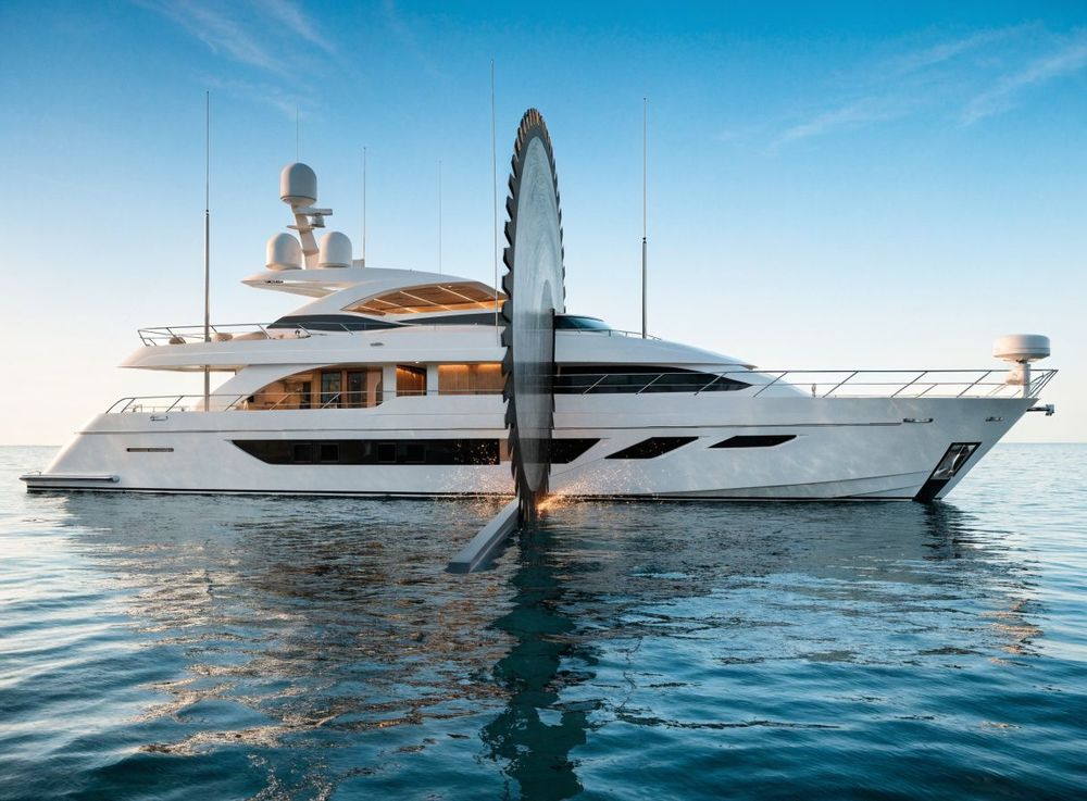 A luxurious white yacht floats on calm blue water with a large reflective disc sculpture.