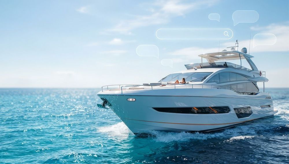 A sleek white luxury yacht cruises across clear blue ocean water under a bright sky.