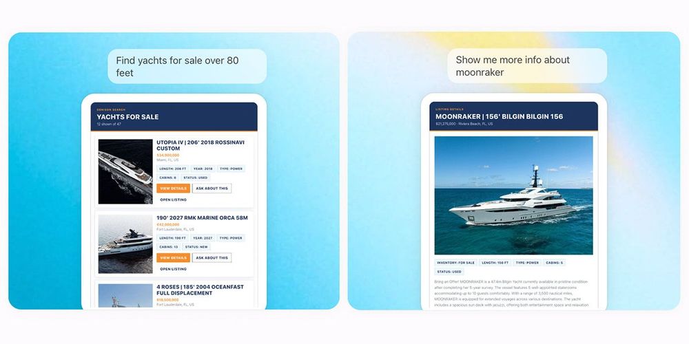 Mobile app interface displaying yacht listings, search results, and a detailed yacht view.