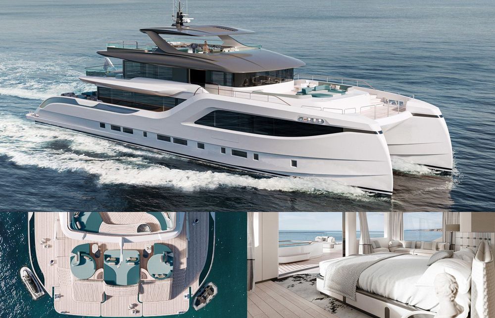 Modern white catamaran yacht cruising on water, with aerial deck view and luxurious bedroom interior.