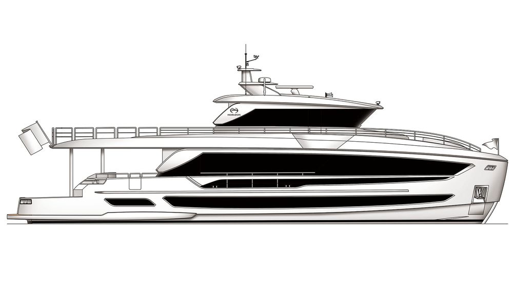 Side profile of a sleek, modern luxury yacht with multiple decks and a contemporary design.