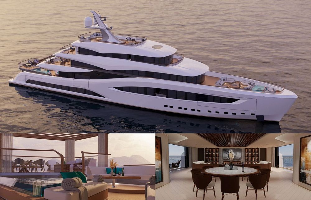 Luxury white yacht on water, with interior views of cabin and lounge.