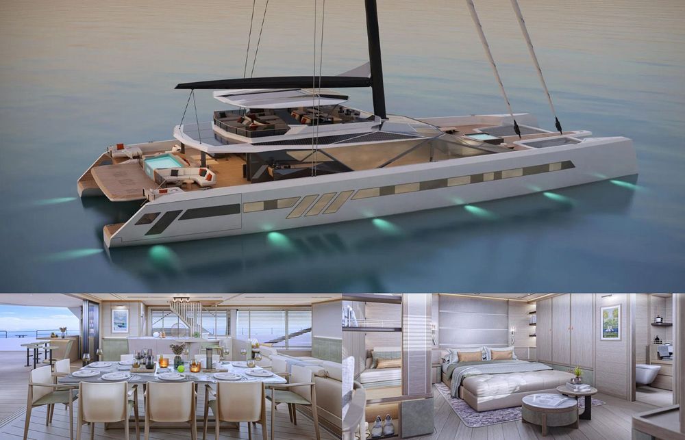 Modern white catamaran yacht with green underwater lights and luxurious interior views.