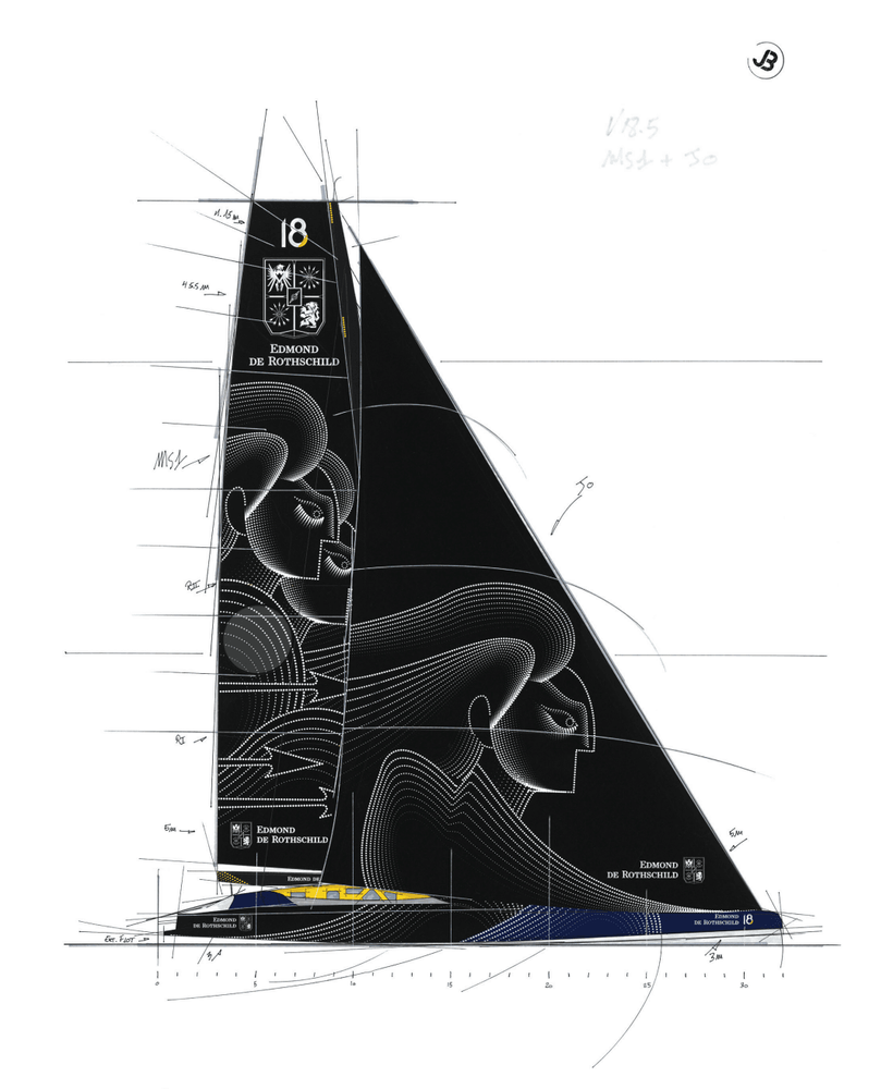Technical blueprint of a sailboat with a black sail featuring abstract white faces.