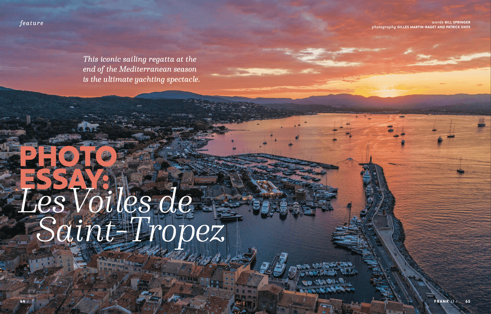 Saint-Tropez harbor teeming with boats at sunset, vibrant orange and purple sky.