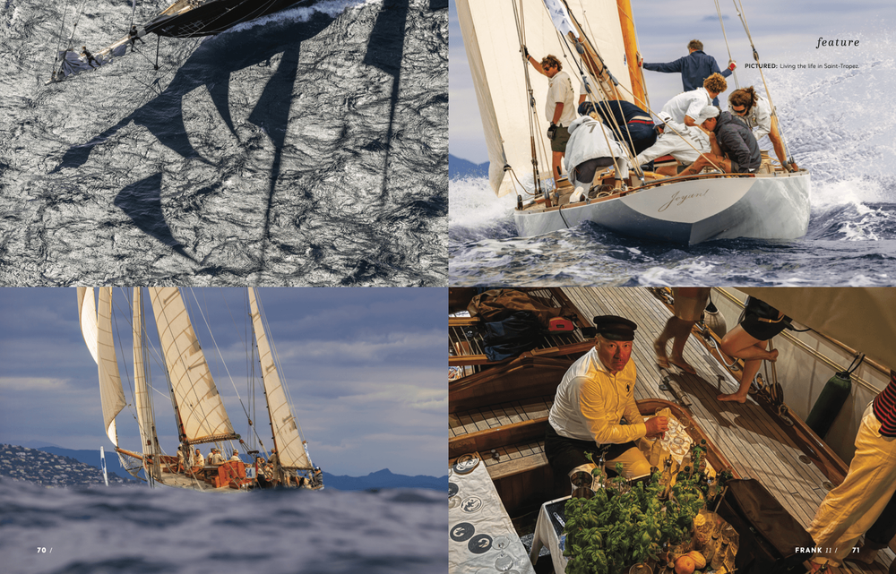 Four panels depicting classic sailing: boats, crew in action, and below-deck work.