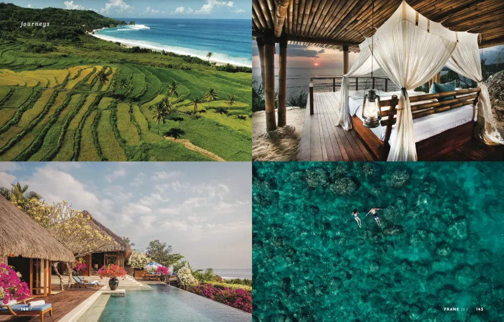 Four images depict tropical landscapes, luxury resort amenities, and ocean activities like snorkeling.