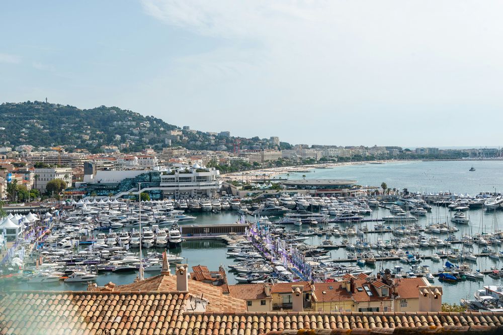 Panoramic view of a bustling coastal city marina filled with many yachts.