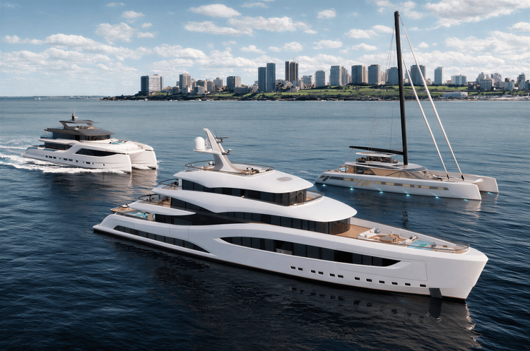 Three diverse luxury yachts, including motor and sailing catamarans, cruise near a city skyline.