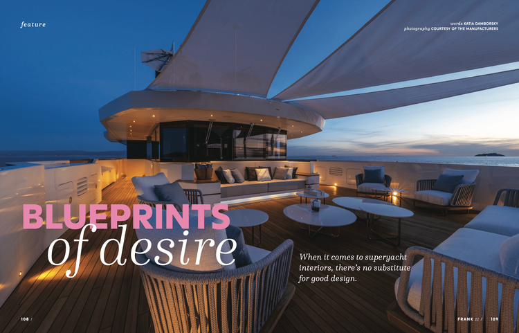 Luxurious yacht deck at dusk with comfortable seating, awnings, and text 'BLUEPRINTS of desire'.