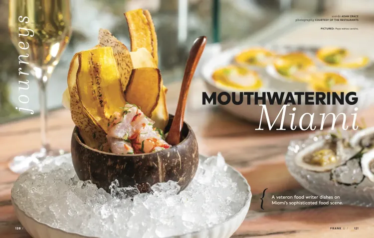 Ceviche in a coconut shell bowl with plantain chips on crushed ice, next to 'Mouthwatering Miami' text.