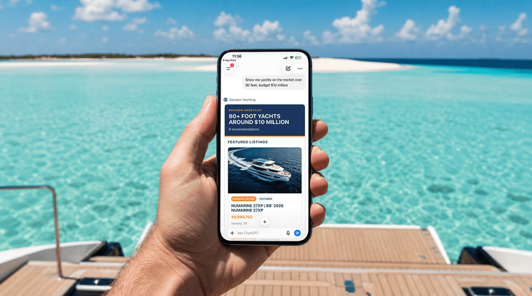Hand holding a smartphone displaying a luxury yacht advertisement over clear turquoise tropical water.