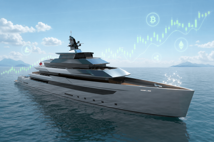Sleek luxury yacht on the sea with cryptocurrency symbols and a rising financial chart.