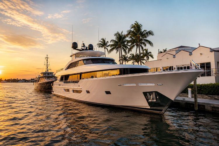 Large white yacht docked at sunset with palm trees and buildings in the background.