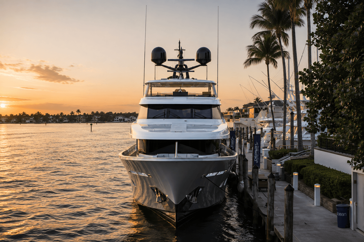 A luxurious white and dark grey yacht docked at a pier during a beautiful sunset.